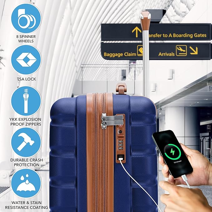 Flight Knight 21.5x15.5x9 Expandable Carry On Suitcase Hardside TSA Lock & USB C Port Lightweight Luggage Silent Double Spinner Wheels Maximum Canada Air Overhead Bag Airlines Approved Navy/Tan