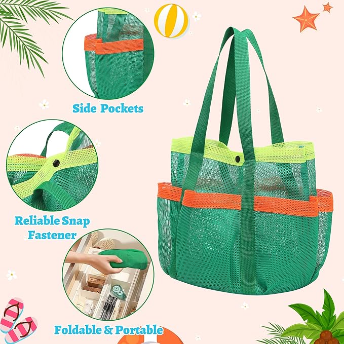 Mesh Beach Bag, Foldable Waterproof Sandproof Beach Storage Tote with 6 Pockets, Swim Tropical Vacation Pool Essential