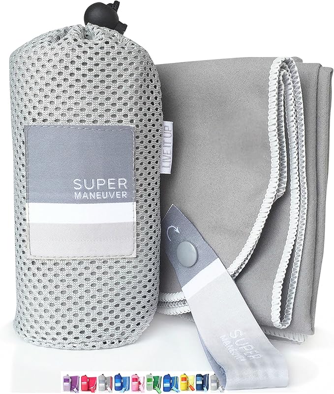 Super Towel for Sports, Travel & Beach — Lightweight, Compact, Absorbent, Quick-Dry, Soft Microfiber Suede — Great for yoga, pool, gym, bath, outdoors, anywhere! (Gray+White, M (40x20"))