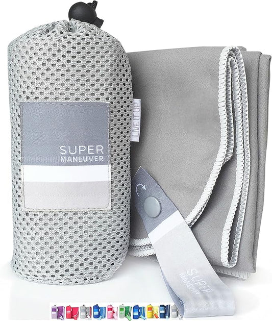 Super Towel for Sports, Travel & Beach — Lightweight, Compact, Absorbent, Quick-Dry, Soft Microfiber Suede — Great for yoga, pool, gym, bath, outdoors, anywhere! (Gray+White, M (40x20"))