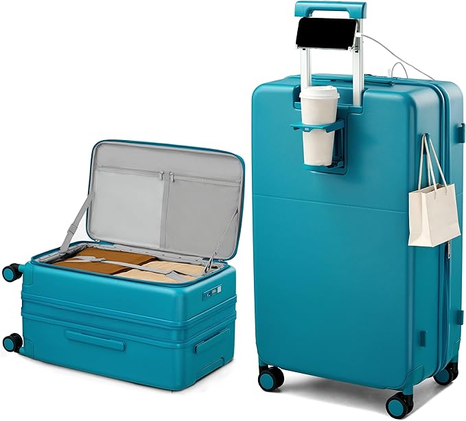 Hanke 28 Inch Expandable Checked Luggage with Cup Holder and Charger Port, Top Opening Hard Shell Large Suitcases with Wheel, Big Travel Rolling Suitcase Trunk Luggage with Lock,Caribbean Blue