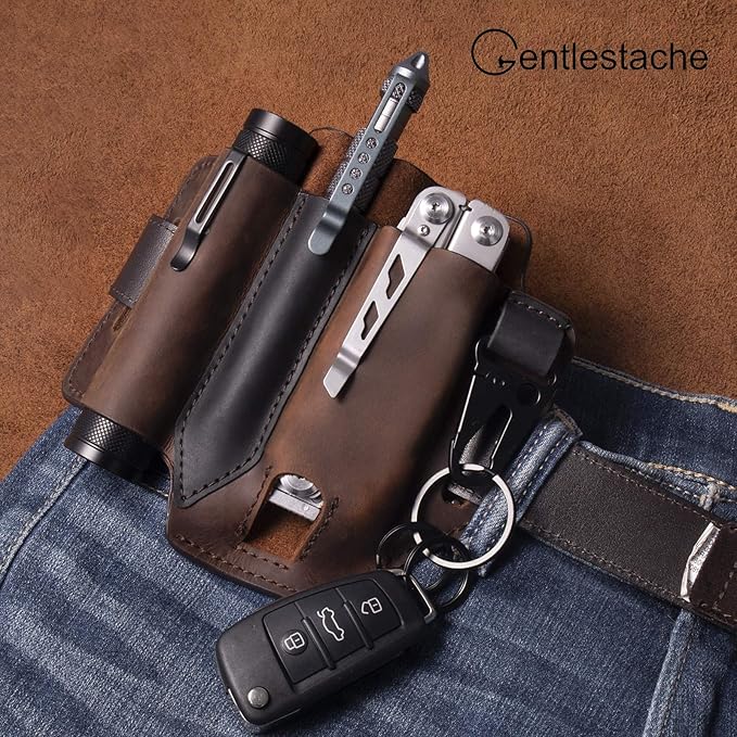 Gentlestache Multitool Sheath for Belt, Leather EDC Pocket Organizer for Men, Leatherman Sheath with Pen Holder, Key Fob, Flashlight Sheath, EDC Leather Pouch Dark Brown