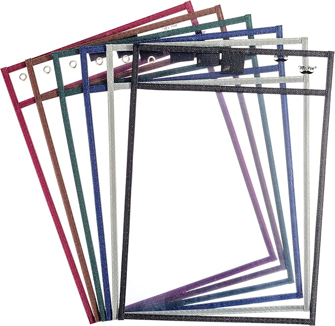 Mr. Pen- Dry Erase Pocket Sleeves, 6 Pack, 10"x14", Sleek Dark Color Theme, Dry Erase Pockets Reusable Sleeves, Job Ticket Holders with Marker Holder & Metal Eyelet