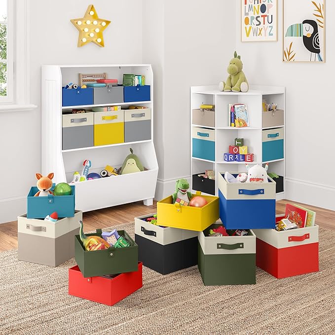 RiverRidge Kids storage bins - 10.5 Cube Storage Organizer with Handles – Olive Two-Tone closet organizers and storage for Toys, Shoes & More - Fits RiverRidge Cabinets