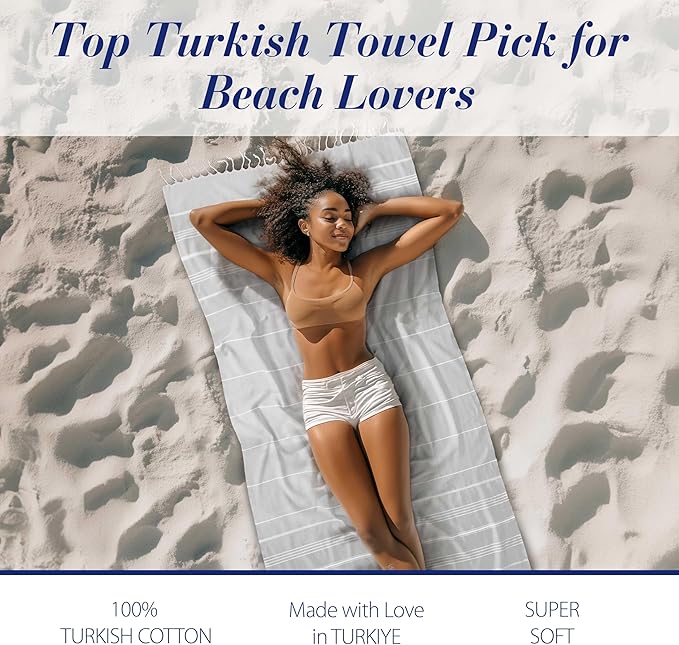 Cacala Lightweight and Thin Turkish Beach Towel 100% Cotton Sand-Free and Quick-Drying Goodness Perfect as an Extra Large Travel Towel, Beach Accessory, or Gift for Beach Lovers, 37 x 70