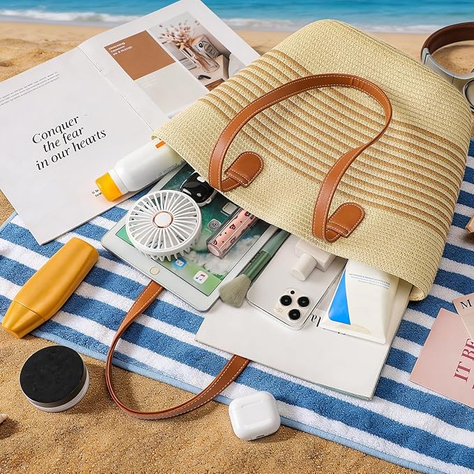 Trifabricy Beach Bags for Women, Summer Straw Beach Bag Straw Purse Shoulder Handbags Large Beach Tote for Summer Vacation