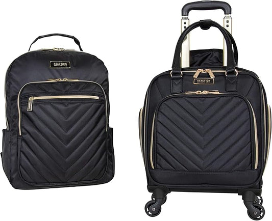 Kenneth Cole REACTION Chelsea 2-Piece Bundle - 17" 4-Wheel Spinner Underseat Carry-On Luggage & Matching 15" Laptop Backpack, Black