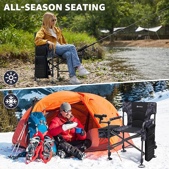 X Strike Heated Fishing Chair with Rod Holder Cooler Bag Storage Bag Shoulder Strap and Adjustable Feet, 350LBS Heavy Duty Folding Ice Fishing Chair for Adults Outdoor Camping (Battery Not Included)