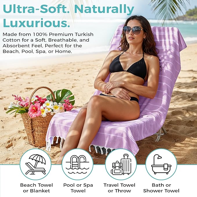 Turkish Beach Towel with Hidden Zipper Pocket 100% Cotton Oversized 72 x 37 Inches Quick Dry Sand Free Lightweight Compact for Beach, Pool, Travel, Bath, and Yoga (Light Purple)