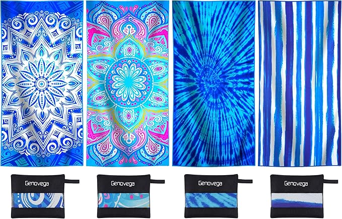 4 Packs Lightweight Thin Microfiber Beach Towel Oversized Quick Dry Compact Sandproof Clearance Towels Sand Free Camping Swimming Pool Easy Pack Essentials Women AdultsBohemian Blue Vortex Stripes