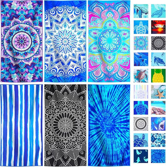 6 Packs Lightweight Thin Microfiber Beach Towel Oversized Quick Dry Compact Sandproof Clearance Towels Sand Free Camping Swimming Pool Easy Pack Adults Vortex Striped Bohemian Black Purple Blue