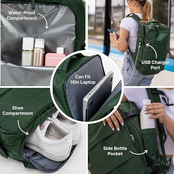 (Not Made In China) Travel Backpack For Men and Women, Airline Approved Carry On Bag w/Shoe Compartment, Holds 15.6" Laptop, USB Charging Port (Columbus, Green, 2 Pack)