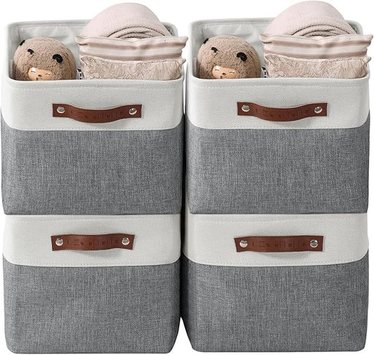 DECOMOMO Storage Baskets for Shelves - Fabric Storage Bins, Linen Closet Organizers and Storage (Slate Grey & White, Large - 4 Pack)