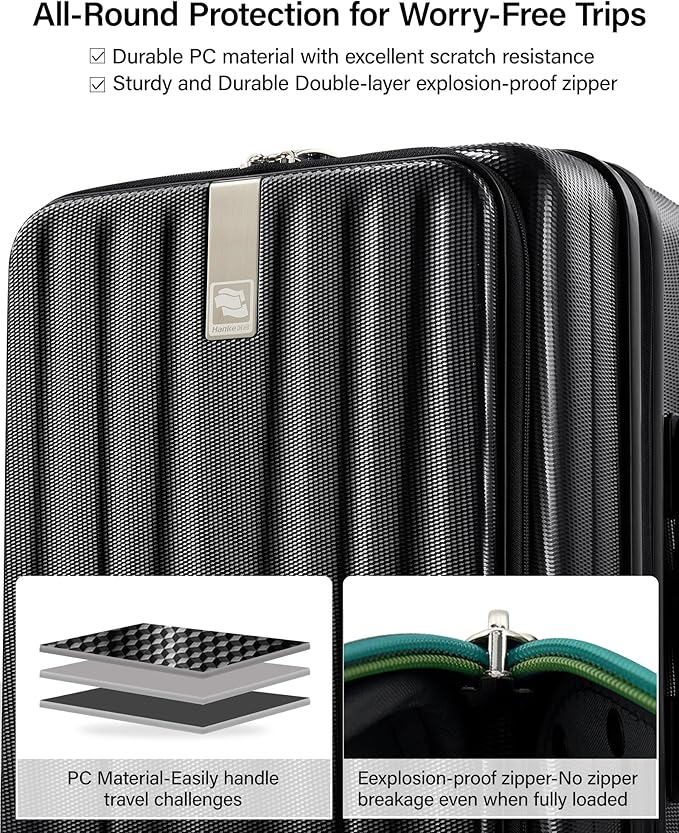 Hanke 20 Inch Expandable Carry On Luggage Airline Approved Top Opening Hard Shell Suitcases with Wheels Lightweight Travel Luggage Carry On Suitcase for Woman Men-Jet Black