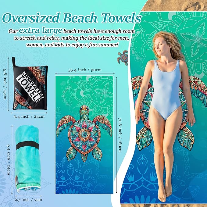 Turtle Oversized Beach Towel - Blue Turtle Sand Free Thin Quick Dry Lightweight Microfiber Towel 71"x35", Beach Accessories for Kid Adult Travel Sport Bath Swimming Camping Pool Vacation Essentials