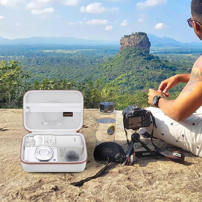 Canboc Carrying Camera Case for Sony ZV-1/ZV-1F/ZV-1 II Vlog Digital Camera & Vlogger Accessory Kit Tripod, Travel Storage Bag with Strap, Mesh Pocket fit Cable, White