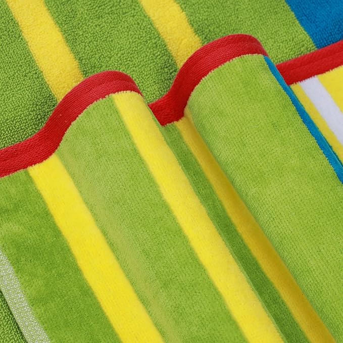 Superior Cotton Beach Towel, Absorbent Oversized Towel for Swimming Pool, Camping, Bathroom, Shower, Large, Quick Drying, Adults, Kids, Colorful, Mira Striped Collection, 68" x 34", Yellow-Green