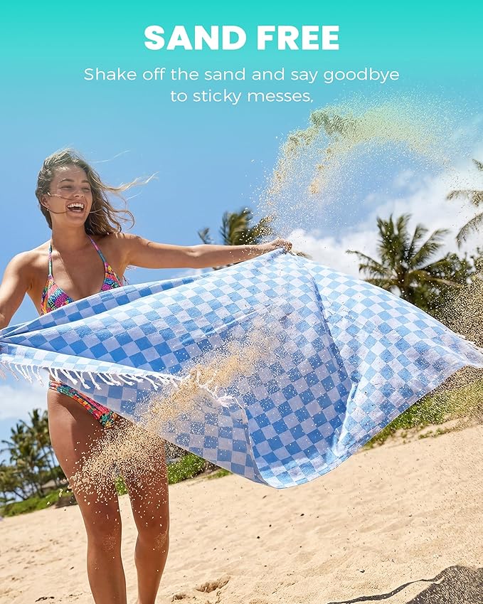 Cotton Turkish Beach Towels Vacation Essentials with Bag Quick Dry Sand Free Soft Adult Bath Pool Swim Long Wide Stripe Towel Cloud Linen Chamois Mat Summer Thing Lightweight Thin Travel Blue Plaid