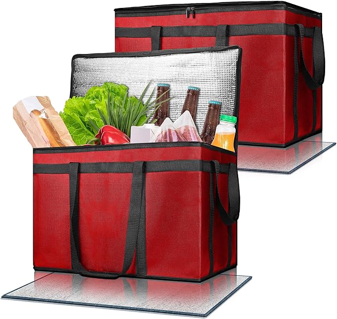 Pack of 2 Insulated Food Delivery Bag with Hard Bottom, XXXL Large Reusable Thermal Cooler Grocery Tote Bag, Commercial Pizza Delivery Box Carrier for Uber Eat, Door Dash Essentials, Hot and Cold Food