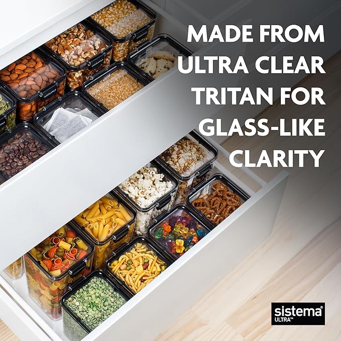 Sistema Tritan Ultra Airtight Pantry & Kitchen Storage Containers, 3-Pack, Clear Stackable Square Food Storage, BPA-Free, Dishwasher & Freezer-Safe (Microwave-Safe Without Lid)