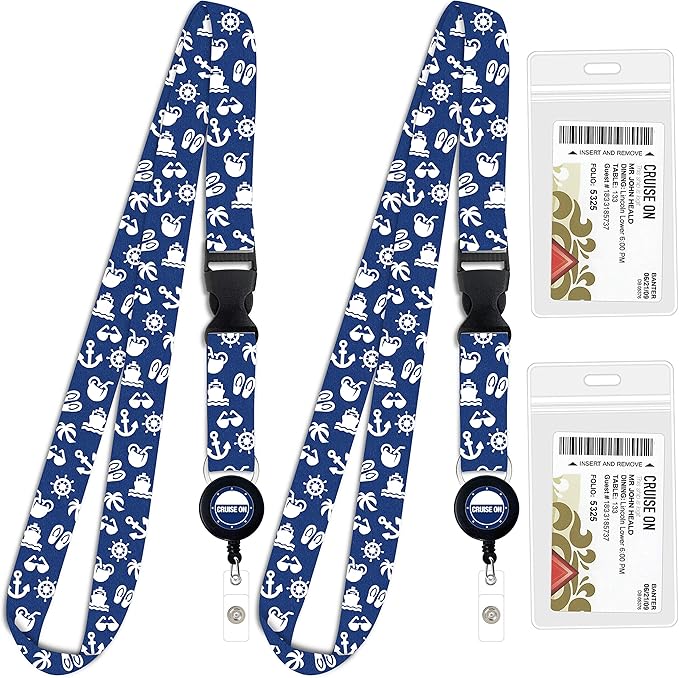 Cruise On Cruise Lanyard for Ship Cards – 2-Pack Retractable Badge & Waterproof Key Card Holder for Ship Cards – Cruise Essentials 2026-2027, Perfect for Travel & Vacation (White & Blue)