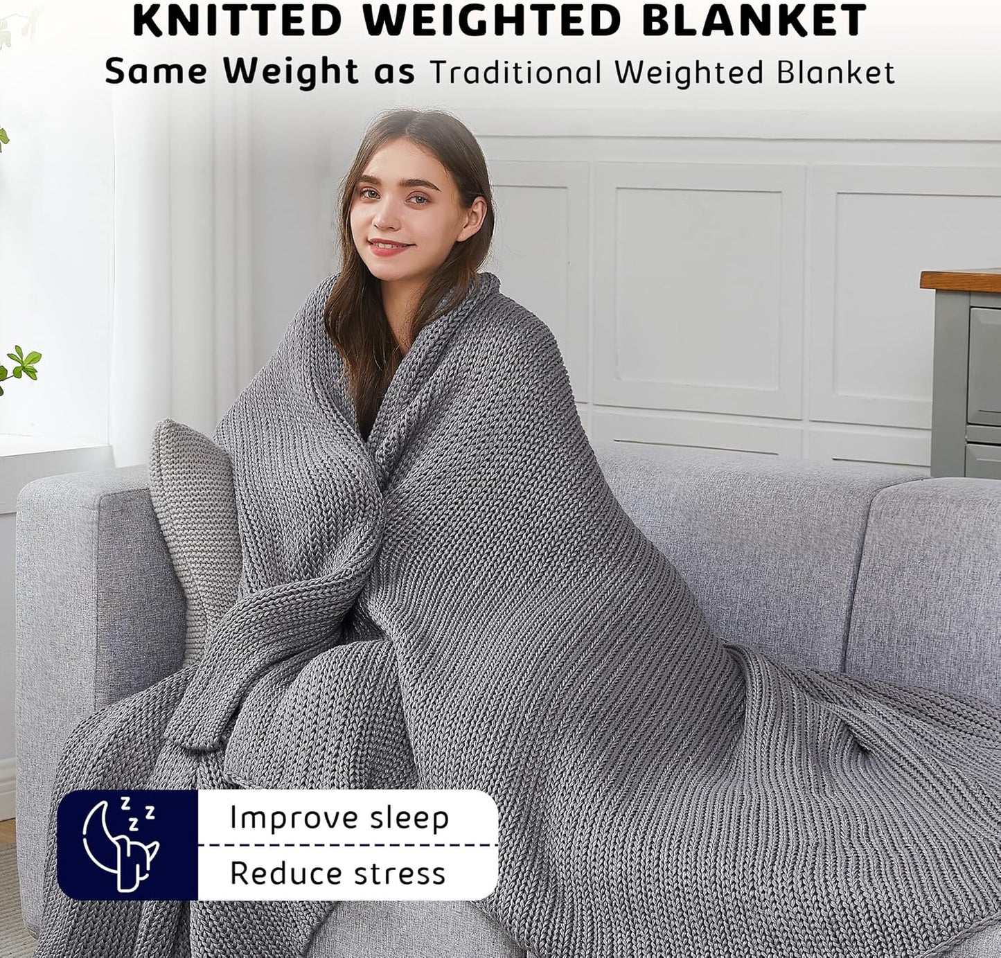 L'AGRATY Knitted Weighted Blanket - 60"x80" 20lbs Cooling Chunky Knit Heavy Blanket for Adults Braided Crochet Throw Thick Cable Yarn Knit Decorative No Beads Evenly Weighted Machine Washable