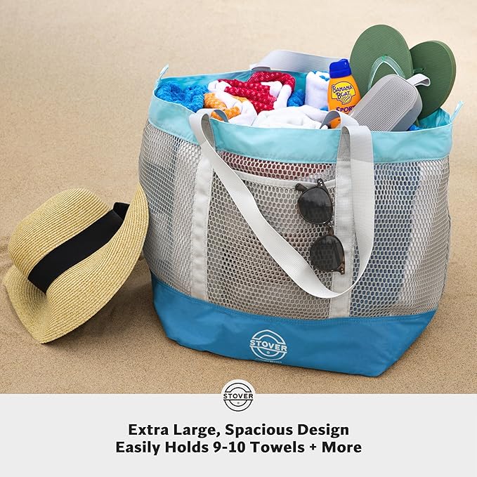 STOVER Extra Large Mesh Beach Bag, Vacation, Pool, Shopping & Travel Tote - Foldable w/Storage Pouch & Pockets for Women, Men