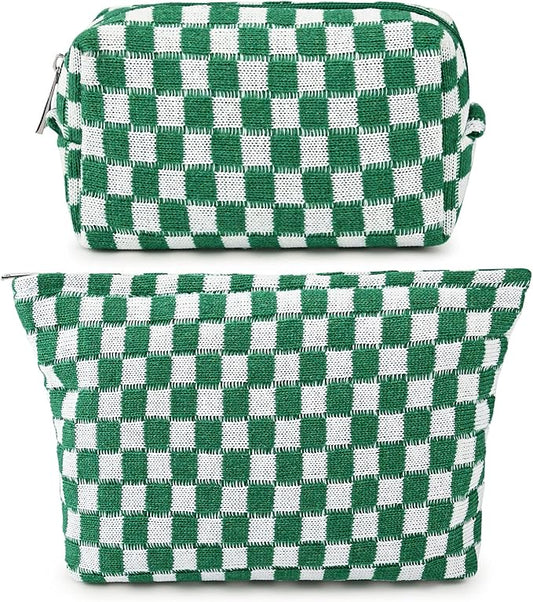 SOIDRAM 2 Pieces Makeup Bag Large Checkered Cosmetic Bag Capacity Canvas Mix Travel Toiletry Bag Organizer Cute Makeup Brushes Aesthetic Accessories Storage Bag for Women, Checkered Mix Green