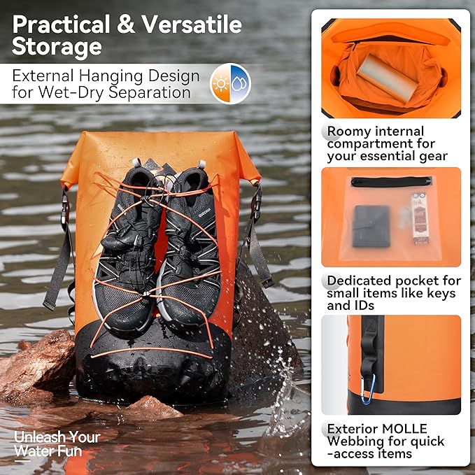 MARCHWAY Floating Roll Top Dry Bag, Flexible Lightweight TPU Waterproof Backpack 20L/30L/40L with Padded Straps for Boating, Kayaking, Swimming, Hiking, Beach (Orange, 20L)
