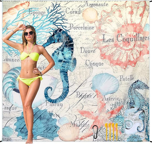 Beach Blanket Waterproof Sandproof Beach Mat for 1-8 Adults Quick Drying Durable Outdoor Picnic Mat for Beach Festival Travel Camping Hiking (Vintage-Seahorses, 79"×83"(4 Person))