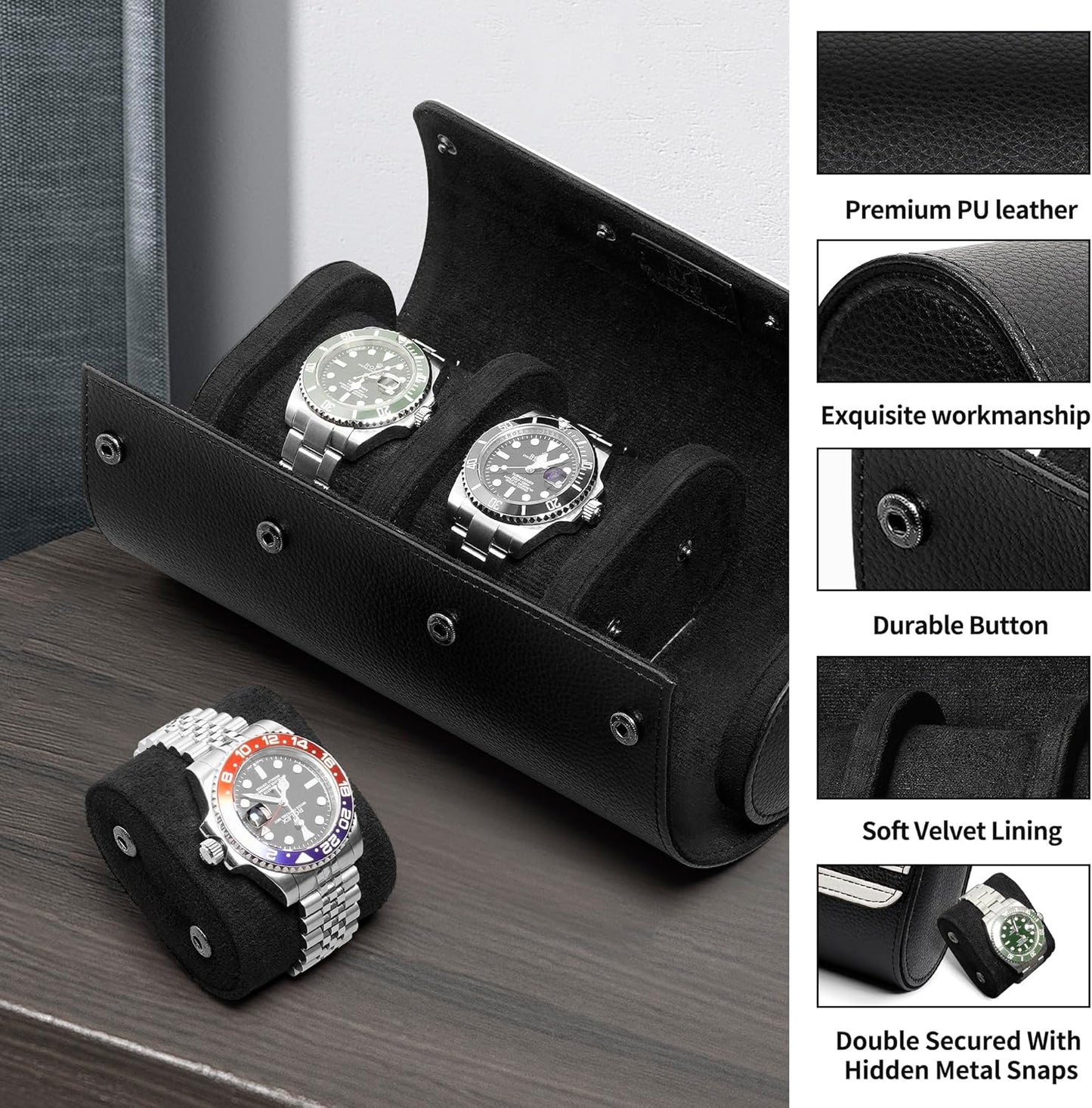 MOZSLY Watch Roll Travel Case 3 Slots Portable Box for Men and Women Watches Organizer Storage Holder PU Leather