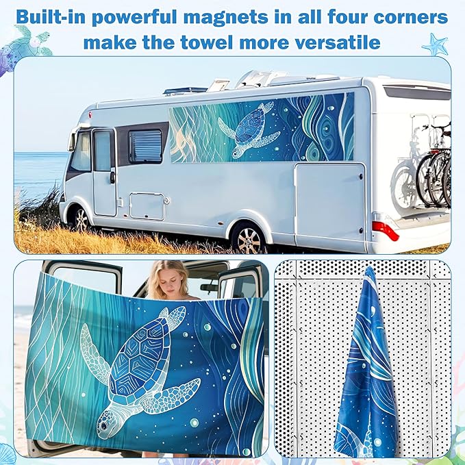 Sea Turtle Magnetic Beach Towel - 75"x30" Sand Free Quick Dry Microfiber Towel with Built-in Magnets Lightweight for Beach Chair Car Door Pool Travel Camping Yoga with Storage Bag