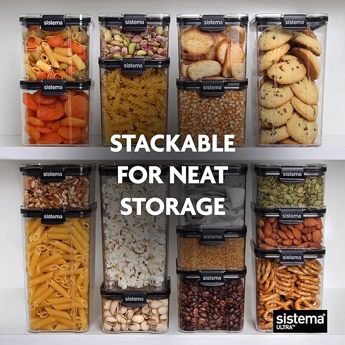 Sistema Tritan Ultra Airtight Pantry & Kitchen Storage Containers, 5-Pack, Clear Stackable Square Food Storage, BPA-Free, Dishwasher & Freezer-Safe (Microwave-Safe Without Lid)