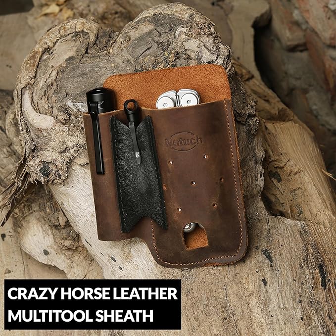 Leather EDC Multitool Sheath with Flip Closure | Leather EDC Belt Organizer | Flashlight Holster | Heavy Duty Multitool Organizer