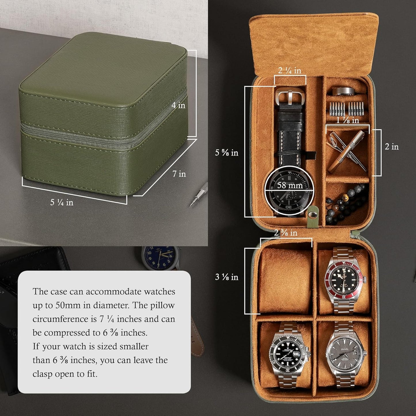 ROTHWELL 5 Watch Travel Case Storage Organizer for 5 Watches | Tough Portable Protection w/Zipper Fits All Wristwatches & Smart Watches Up to 50mm (Green/Tan)