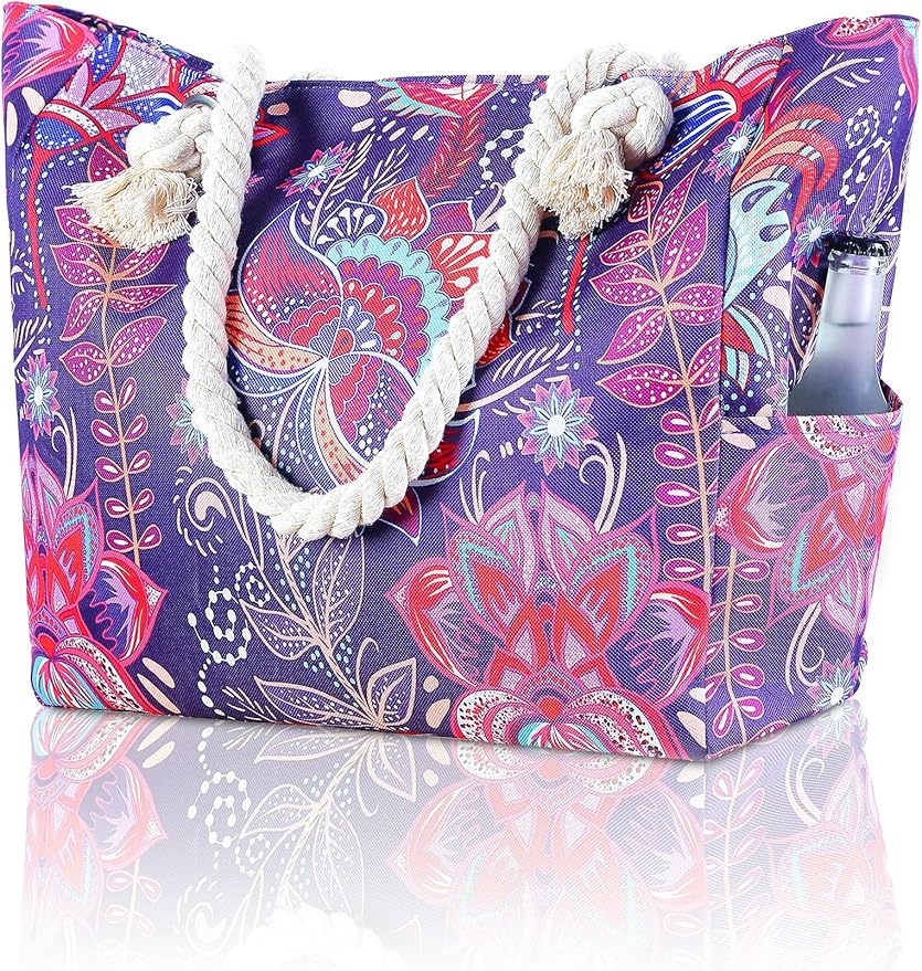 TESALATE Large Canvas Beach Tote Bag Waterproof Sand proof for Women Her Swim,Travel,Shopping,Gym,Cruise Essentials Gear