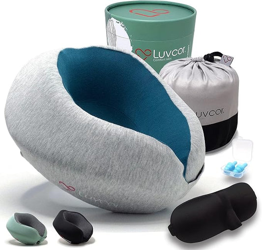 Premium Quality Memory Foam Travel Neck Pillow Bundle - Best Ergonomic Pillow for Airplane Travel, car Ride, Sleeping. Comes with Eye mask, earplugs and Storage Bag