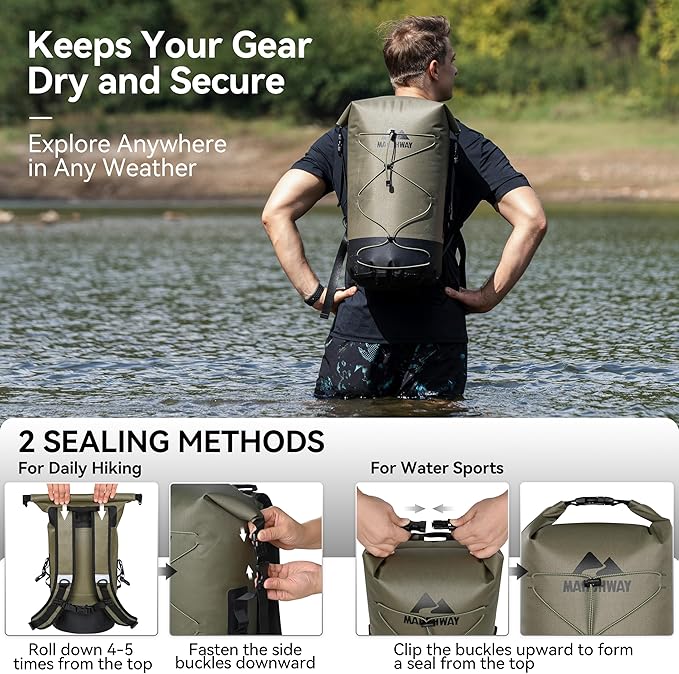 MARCHWAY Floating Roll Top Dry Bag, Flexible Lightweight TPU Waterproof Backpack 20L/30L/40L with Padded Straps for Boating, Kayaking, Swimming, Hiking, Beach (Green, 30L)