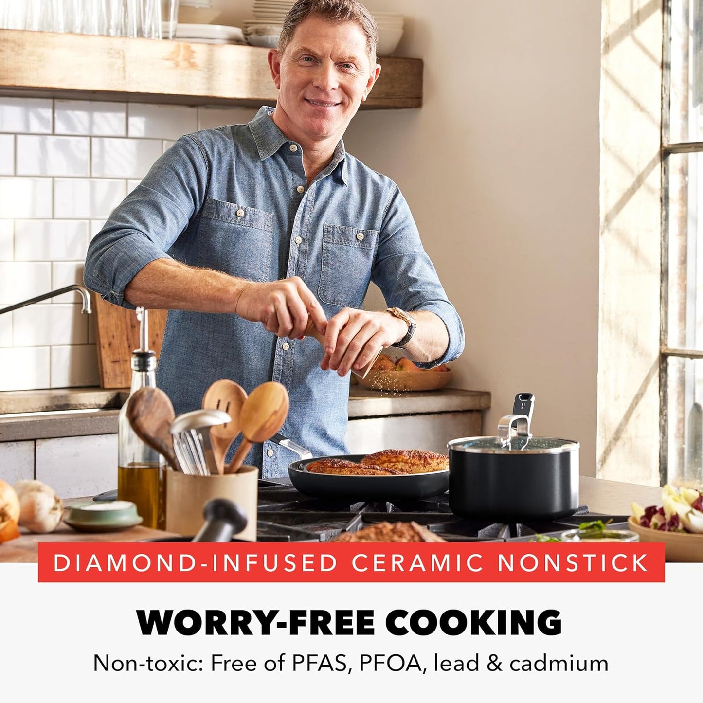 GreenPan x Bobby Flay 13 Piece Nonstick Cookware Pots and Pans Set, PFAS-Free Diamond Ceramic, Induction Suitable, Easy Clean Dishwasher & Oven Safe, Stay-Cool Silicone Handles, Glass Lids, Black