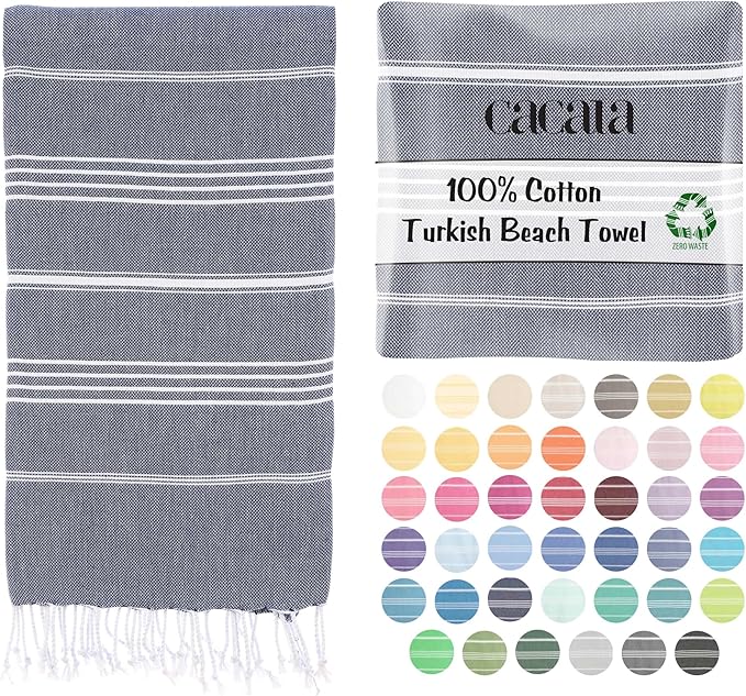 Cacala Lightweight and Thin Turkish Beach Towel 100% Cotton Sand-Free and Quick-Drying Goodness Perfect as an Extra Large Travel Towel, Beach Accessory, or Gift for Beach Lovers, 37 x 70