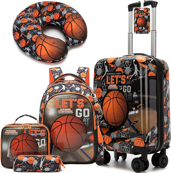 Kids Basketball Suitcase Set for Boys Hardside Luggage with Spinner Wheels 5 Piece 16inch Toddler Suitcase for Boys Travel Carry on Luggage Airline Approved