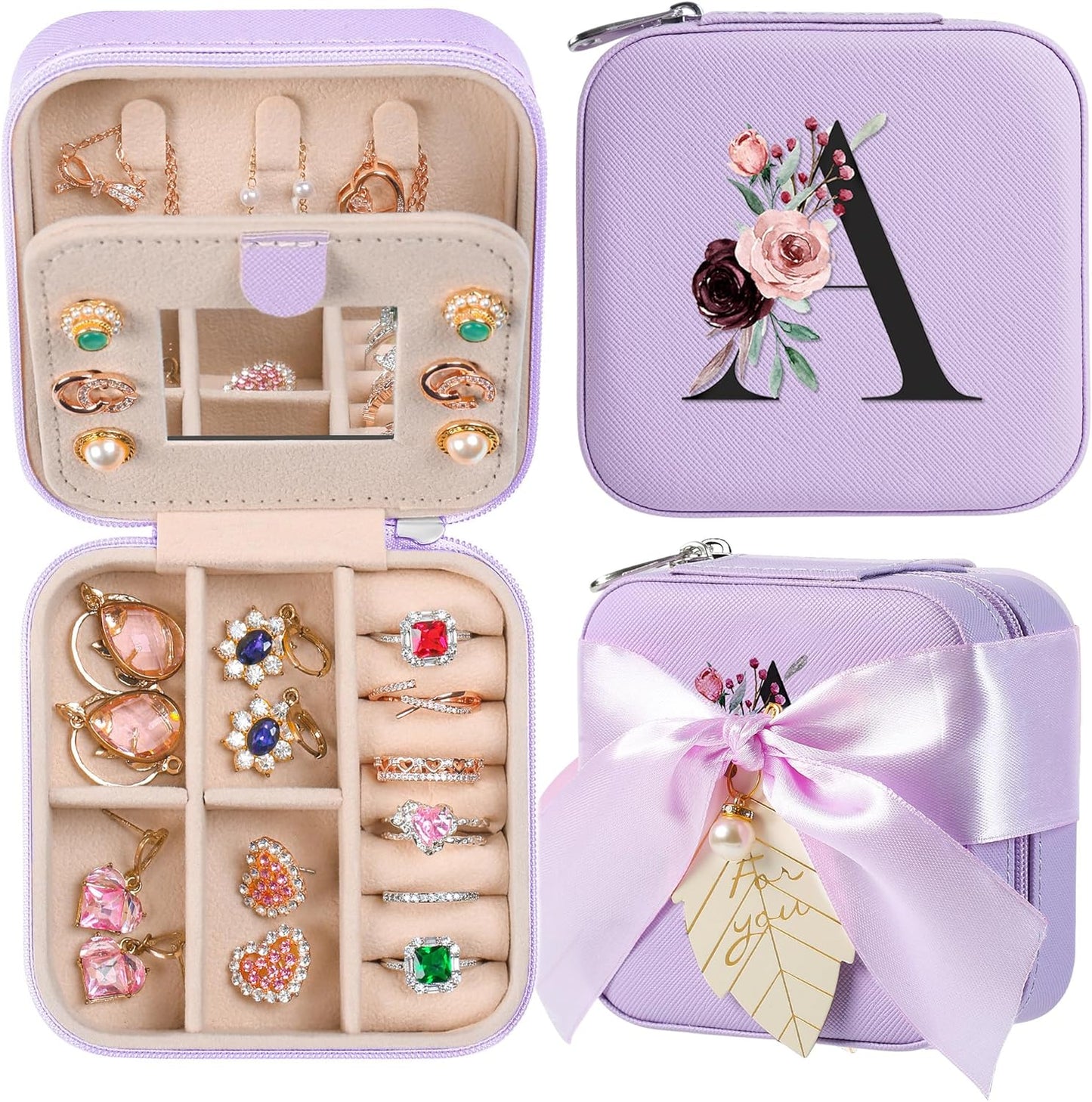 AYGXU Travel Jewelry Box for Women and Girls - Small Case With Initial A-Z - Teacher Gifts
