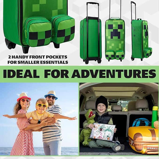Minecraft Kids Luggage with Wheels Foldable Rolling Suitcase Creeper Travel Bag Vacation Weekend Trips Travel Essentials (L25.2inch x W9.8inch - 17L, Green)