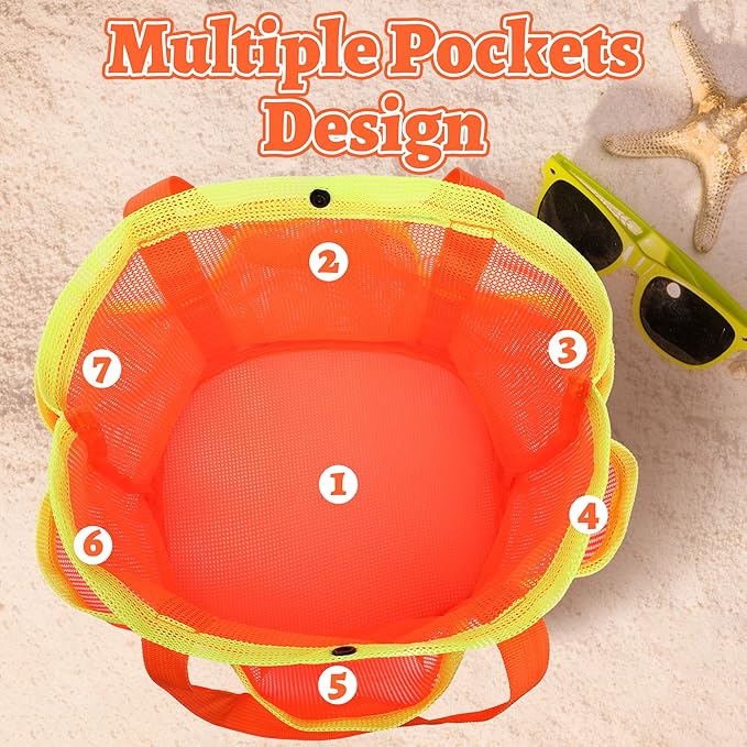 Mesh Beach Bag, Foldable Waterproof Sandproof Beach Storage Tote with 6 Pockets, Swim Tropical Vacation Pool Essential