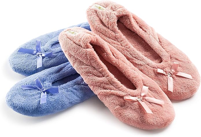Roxoni Women's Terry Classic Cotton & Velour Ballerina Slippers (Pack of 2)