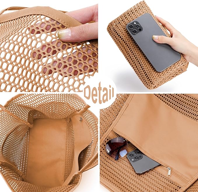 KALIDI BeachNylon Mesh Tote Bag, Casual Tote Bag Hobo Women Foldable MAX 23L Shoulder Bag For Beach Picnic Vacation