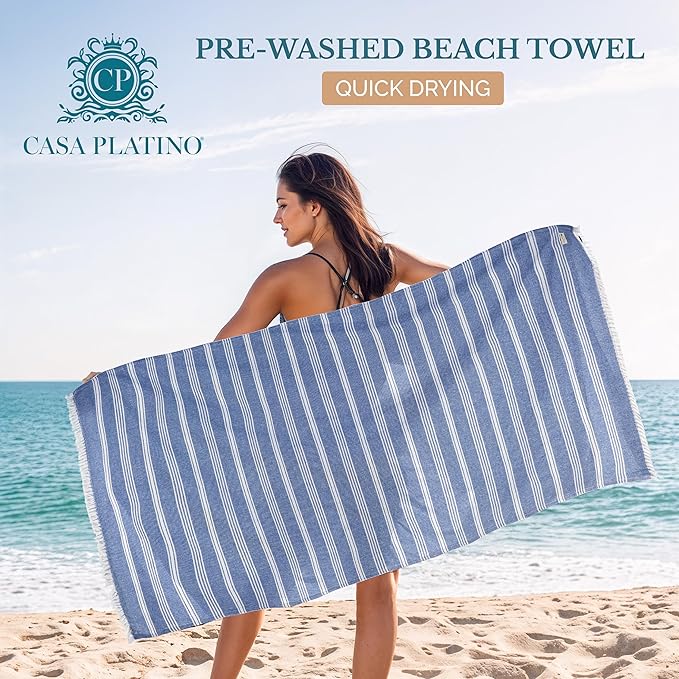 Casa Platino Lightweight Beach Towels, 39"x71" Oversized and Soft Turkish Pool Towel, Quick Dry and Pre-Washed Design for Outdoor Travel, Vacations, Road Trips, or Everyday Use – Sky Blue