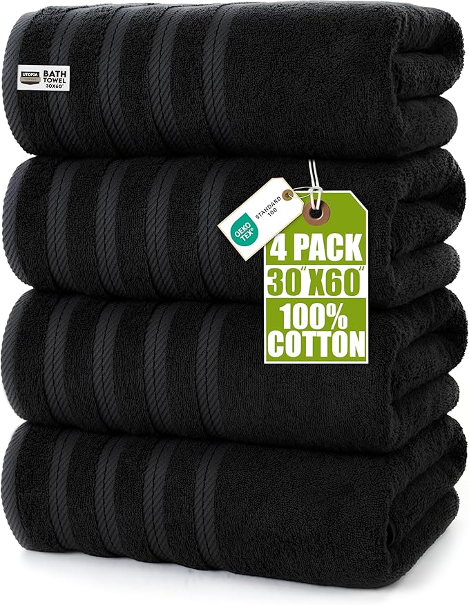 Utopia Towels 4 Pack Premium Extra Large Bath Towels Set, (30 x 60 Inches) 100% Ring Spun Cotton, Lightweight and Highly Absorbent Quick Drying Towels, Perfect for Daily Use (Black)