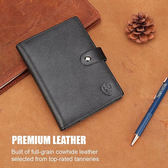 STAR VISTA Cosimo Leather Passport Holder for Exquisite Voyagers or Pilots, Transparent Windows for Travel Document & Dual IDs, RFID Blocking, 2 Passports, 2 IDs, 8 Cards, AirTag Slots, Black