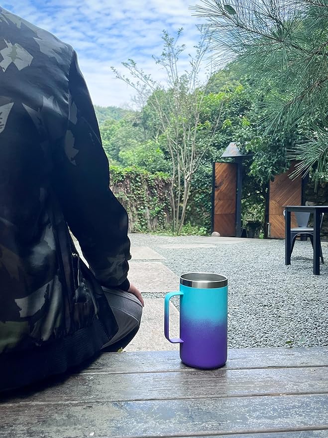 KXIAOCHEN 20oz Insulated Coffee Mug with Lid, Stainless Steel Coffee Cup, Double Wall Vacuum Coffee Tumbler with Handle, Premium Thermal Travel Coffee Mug (Blue Green+Purple)